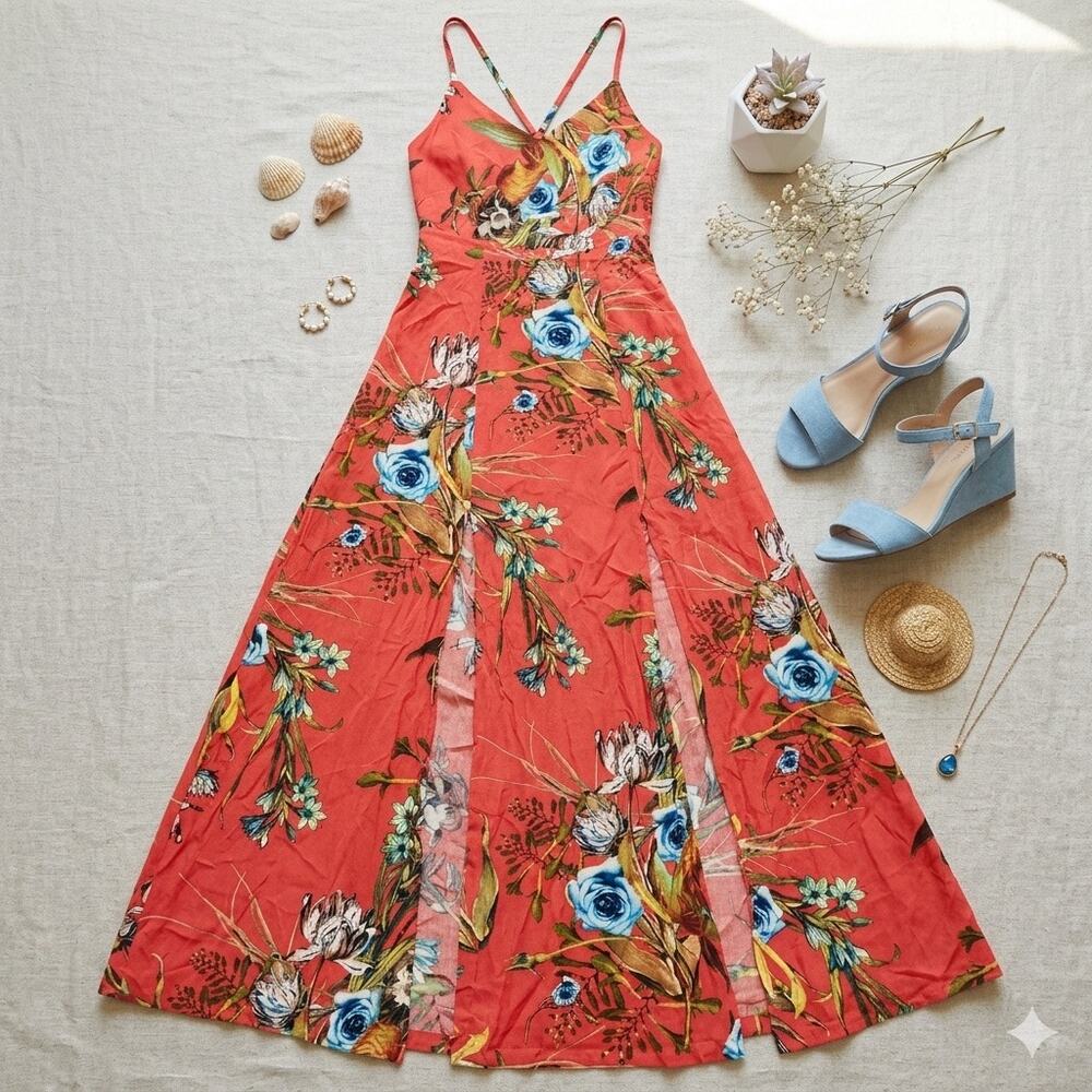 Since Then Floral Double Thigh Slit Maxi Dress Coral Pink Blue Size S NWT